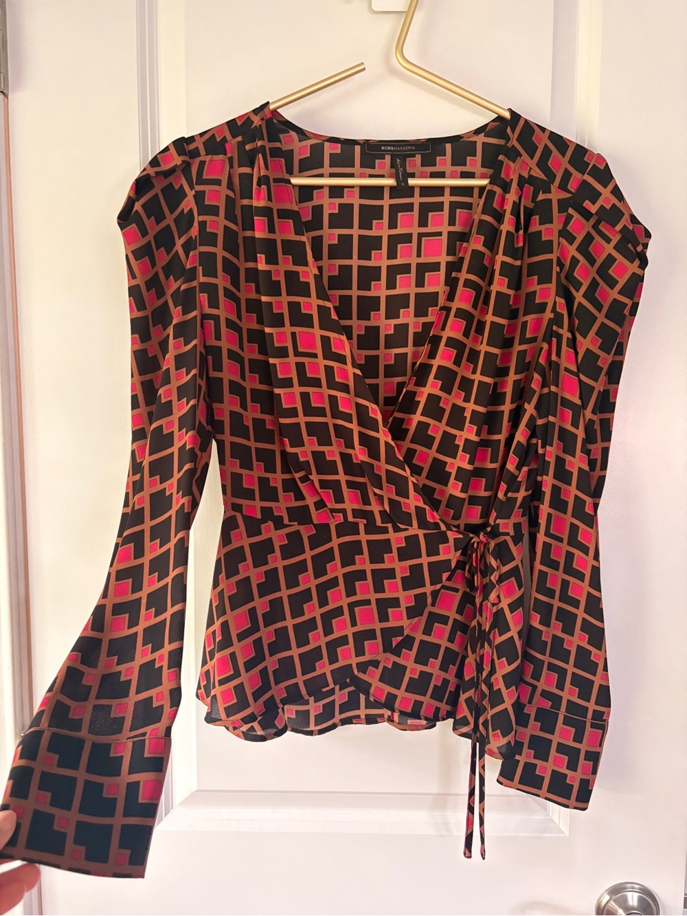 BCBGMaxAzria Geometric Wrap Top in Black, Pink and Tan